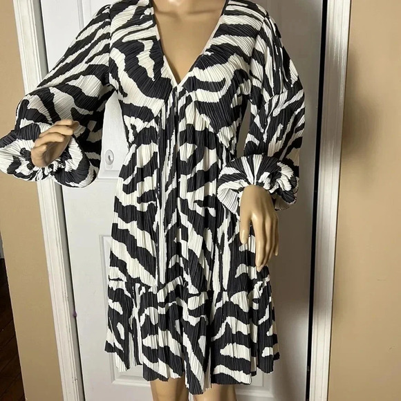 H&M animal print dress,,Black & white zebra print crinkle,balloon sleeves,tiered - Picture 4 of 16